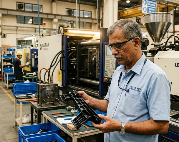 Mrughan Plastics plastic manufacturing unit in Pune with engineer checking moulded components