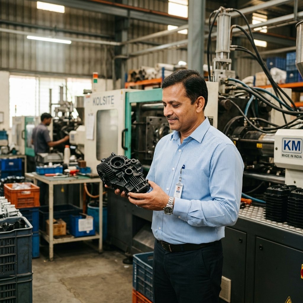 Mrughan Plastics factory owner inspecting plastic moulded components in Pune