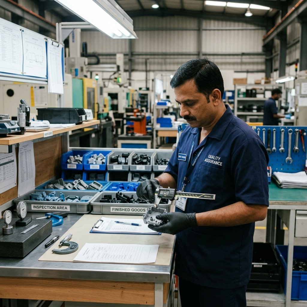 Indian quality inspector measuring plastic moulded components at Mrughan Plastics Pune